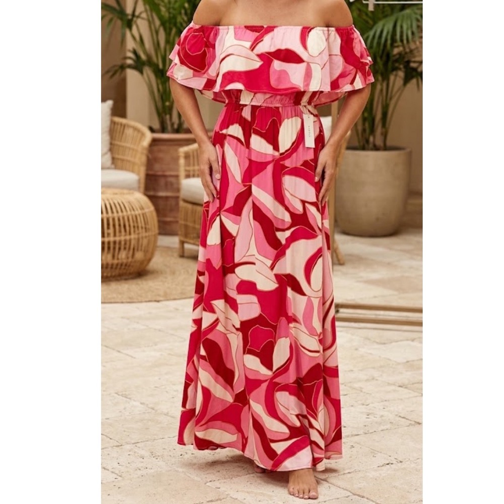Japna | NWT Woman's Pink Red Abstract Floral Strapless Ruffle Maxi Dress, Size S